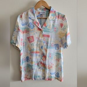 Vintage Alfred Dunner Floral Button Down Short Sleeved Blouse Women's 14, Cream